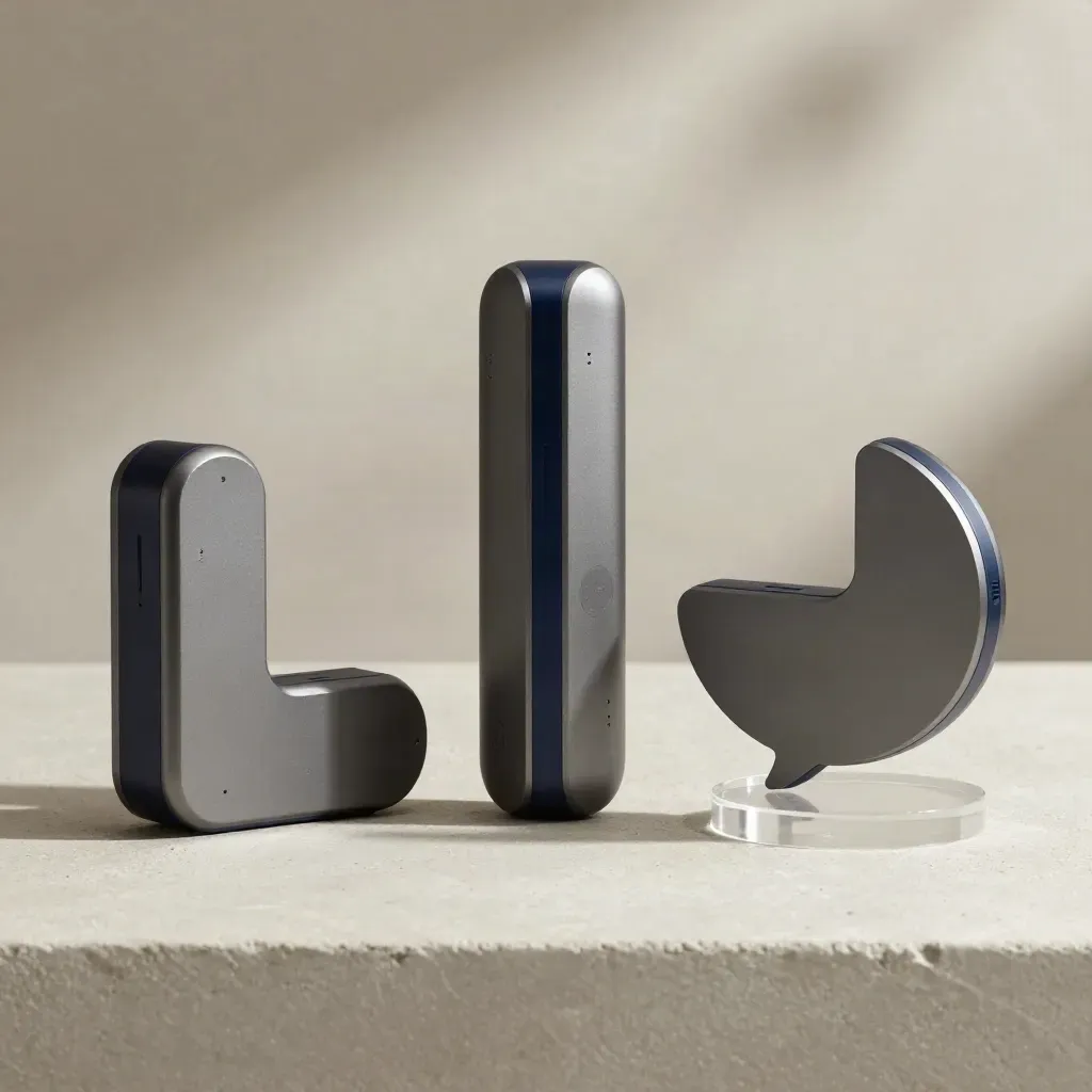 Overhead flatlay of chatbot modules on concrete with a raised piece and navy accent