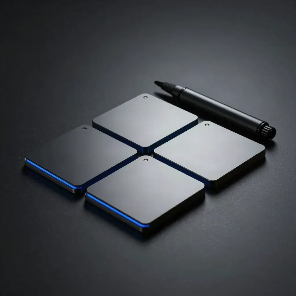Three QA tiles, marker puck and alignment rail under dramatic electric-blue rim light.