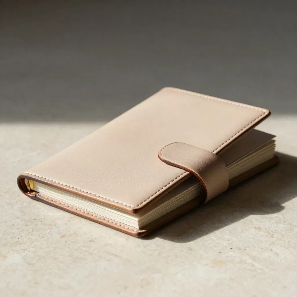 Macro folio with layered inserts and translucent edge tab on travertine.