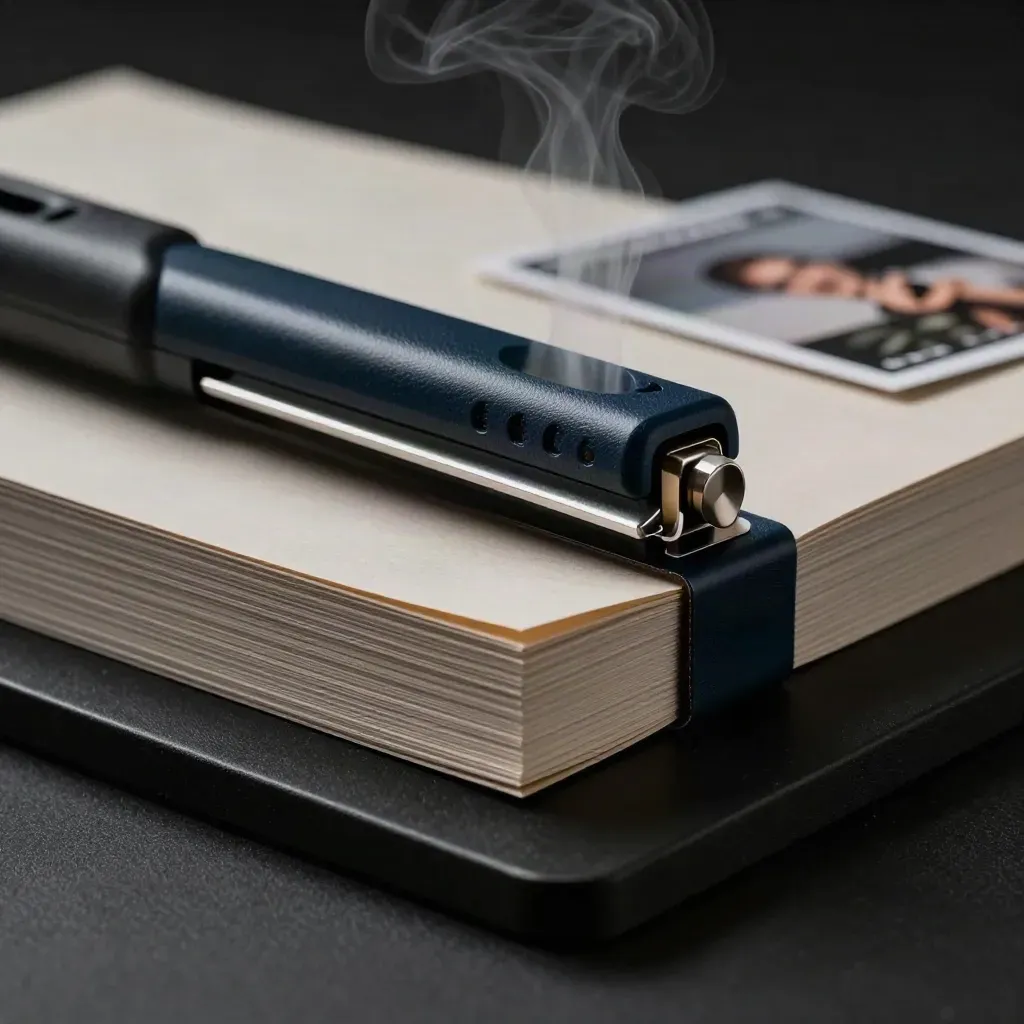 Dark studio stack of document rewrite components on matte black with blue rim light and haze.